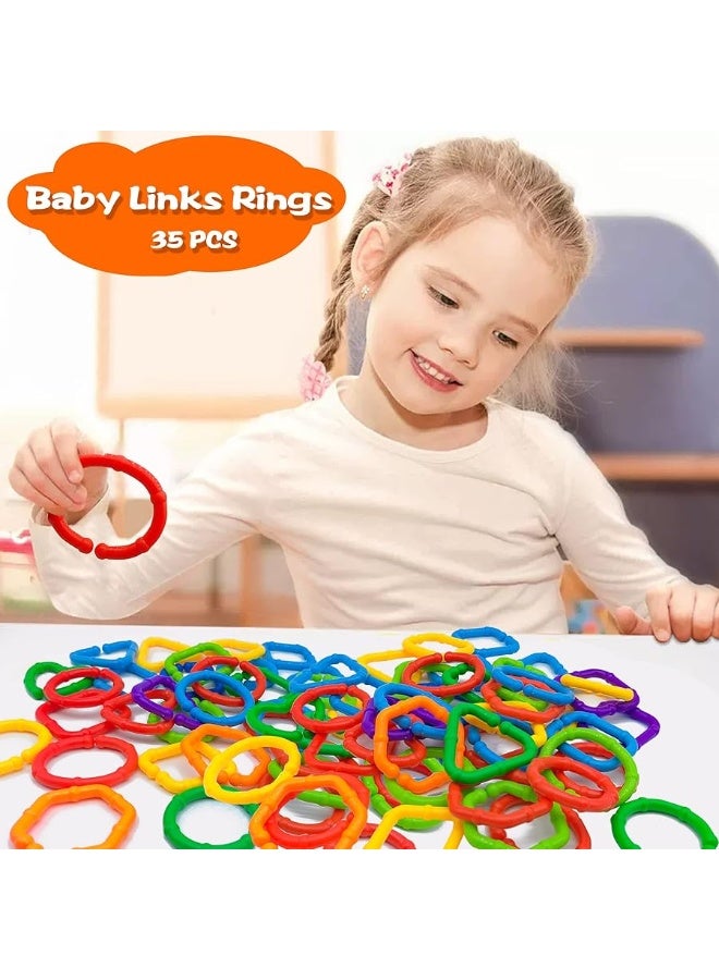 RAINBOW TOYFROG Baby Links Rings - 35 Geometric Linking Chains Ring Toys for Baby - Safe Infant Toys for Teething and Sensory Development - Car Seat & Stroller Toys for Infants & Toddlers