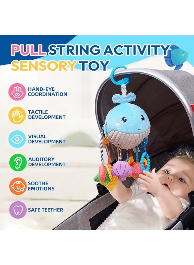 Jollybaby Baby Toys 0-6-12-18 Months for Stroller Crib Gym or Car Seat, Plush Pull String Whale Hanging Toy with Teether Rattle & Squeaker, Montessori Sensory Toys for Toddlers, Baby Boy Girl Gifts