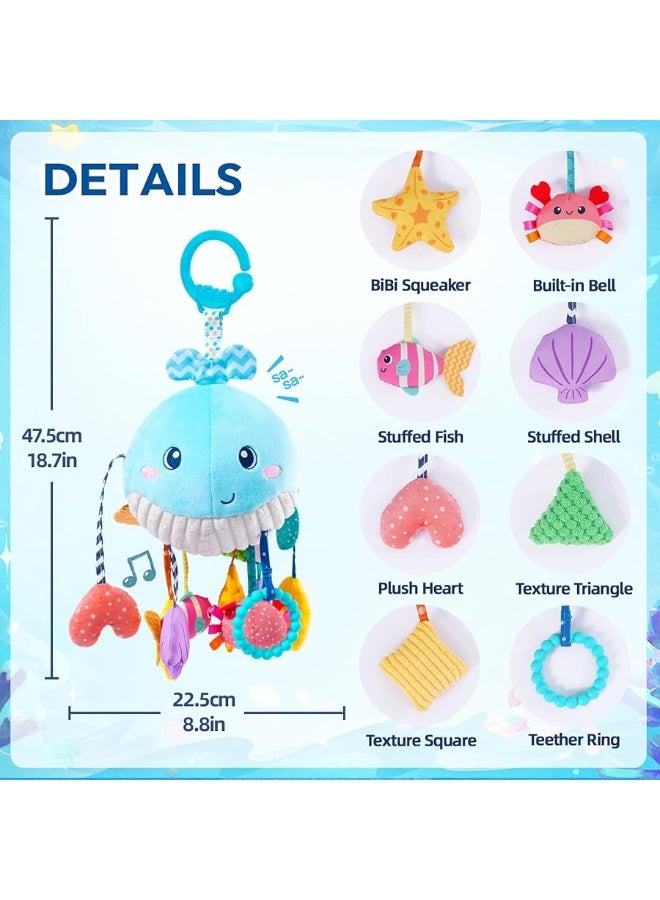 Jollybaby Baby Toys 0-6-12-18 Months for Stroller Crib Gym or Car Seat, Plush Pull String Whale Hanging Toy with Teether Rattle & Squeaker, Montessori Sensory Toys for Toddlers, Baby Boy Girl Gifts