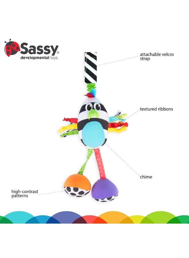 Sassy Boppinâ€™ Birdie | Developmental Plush Toy for Early Learning | High Contrast | Attaches to Baby Gear for Travel | for Ages Newborn and Up (80660)