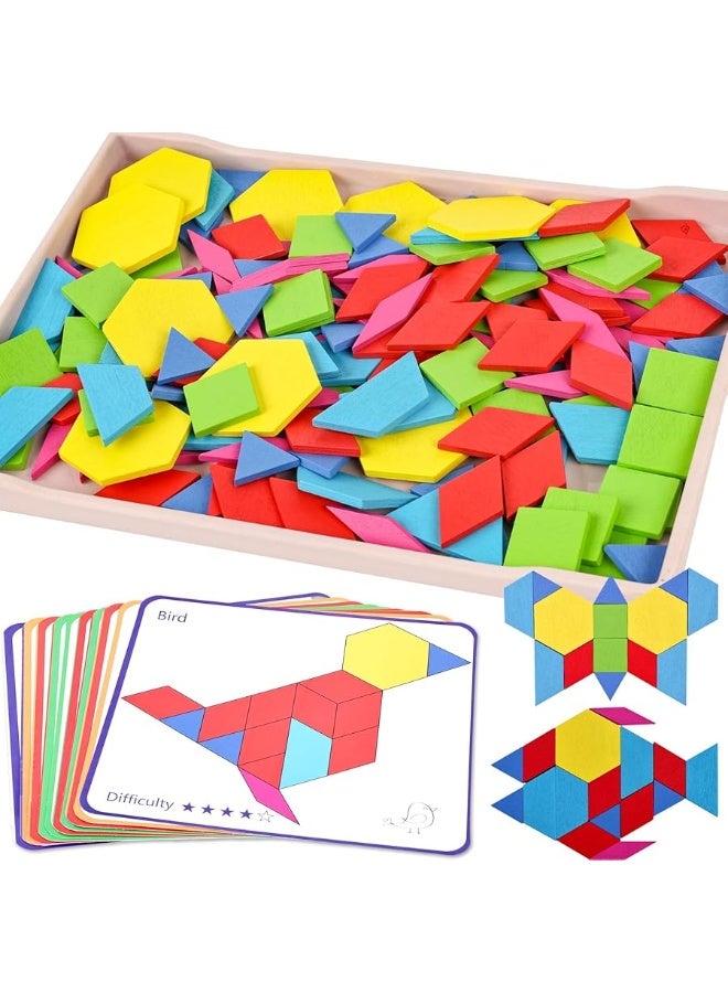 3 otters 150PCS Wooden Pattern Blocks Set, Tangram Puzzles with Cards for Kids Early Education, Includes 6 Shapes, Storage Bag, Unisex, Ages 48+ Months