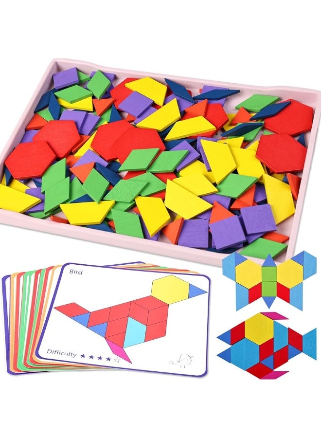 3 otters 150PCS Wooden Pattern Blocks Set, Tangram Puzzles with Cards for Kids Early Education, Includes 6 Shapes, Storage Bag, Unisex, Ages 48+ Months