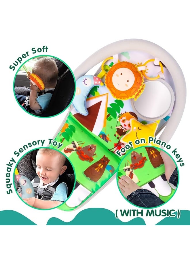 UNIH Car Seat Toys for Baby Infant 6 Months and Up, Adjustable with Baby Mirror and Hanging Squeaky Sensory Soft Toys 6 to 12 Months (with Music)