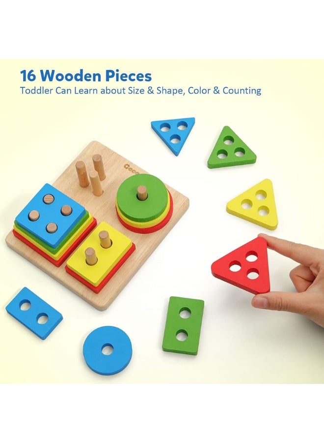 Coogam Wooden Sorting Stacking Montessori Toys, Shape Color Recognition Blocks Matching Puzzle, Fine Motor Skill Educational Preschool Learning Board Game Gift for Kids