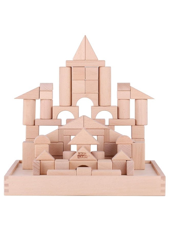 iPlay, iLearn Kid Wooden Building Block Set, Toddler Natural Wood Block Montessori Learning Toy, Large Hardwood Stacking Brick Castle Unit, Preschool Classroom Gift 2 3 4 5 6 8 Year Old Boy Girl Child