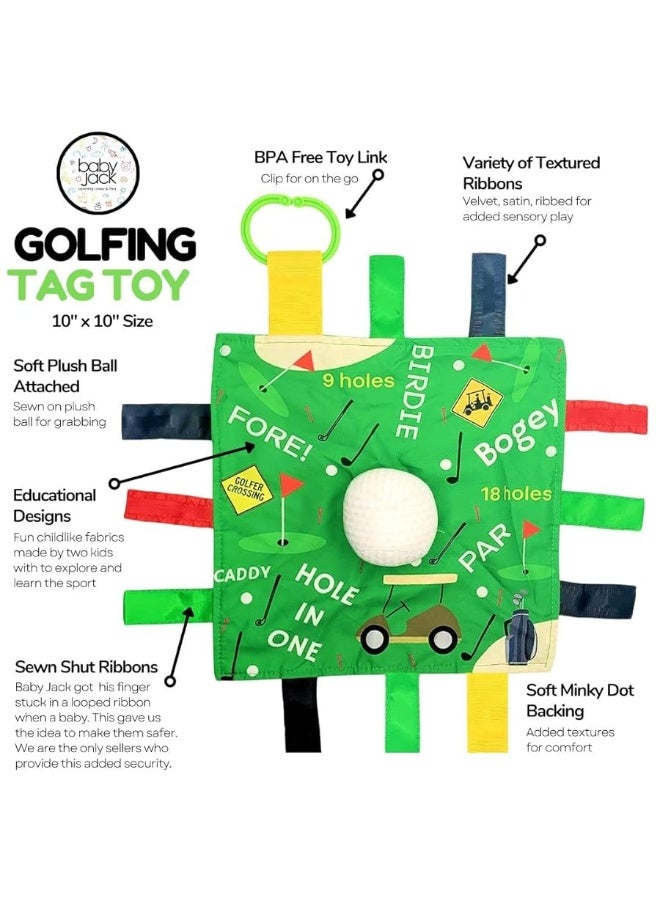 Baby Jack & Co 10x10â€ Golf Sports Lovey Sensory Plush Blanket - Tag Toys for Babies - Baby Stroller Toys - Learn Shapes, Letters & Colors - Perfect Baby Ball Toy & Baby Sports Gift