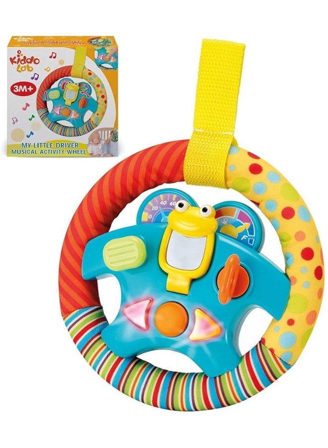 KiddoLab Steering Wheel Toy with Music,Lights,Sounds & Flip Up Mirror - Crib & Stroller Toys with Soft Fabric and Velcro Tap for Easy Attachment. Car Seat Toys for Babies and Toddlers. Ages 3 Months+