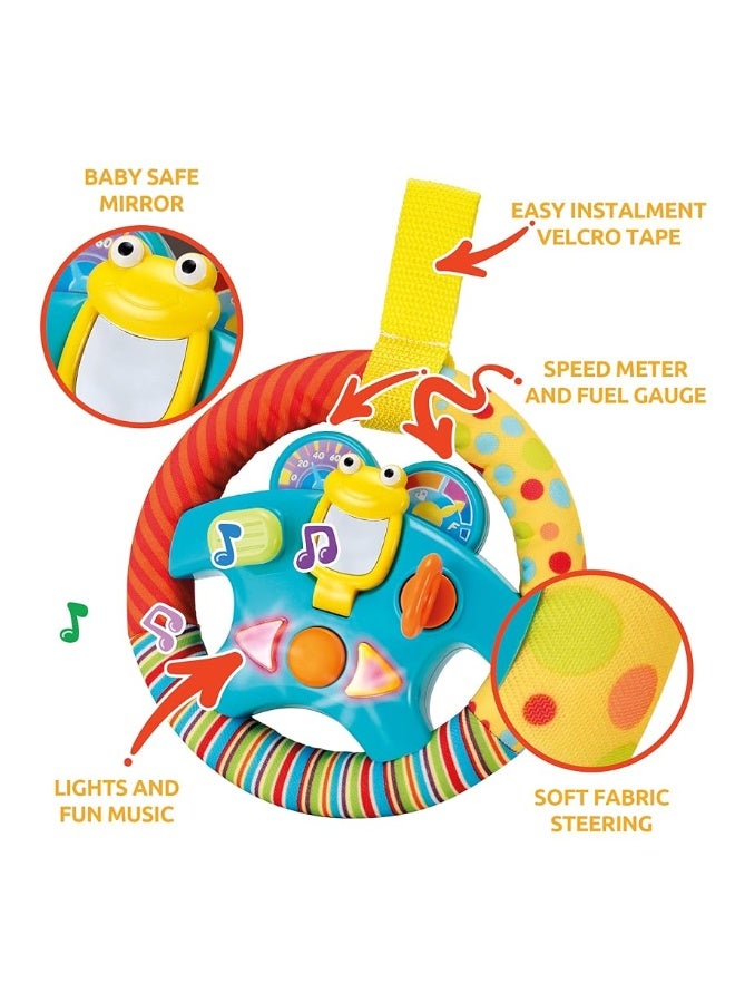 KiddoLab Steering Wheel Toy with Music,Lights,Sounds & Flip Up Mirror - Crib & Stroller Toys with Soft Fabric and Velcro Tap for Easy Attachment. Car Seat Toys for Babies and Toddlers. Ages 3 Months+