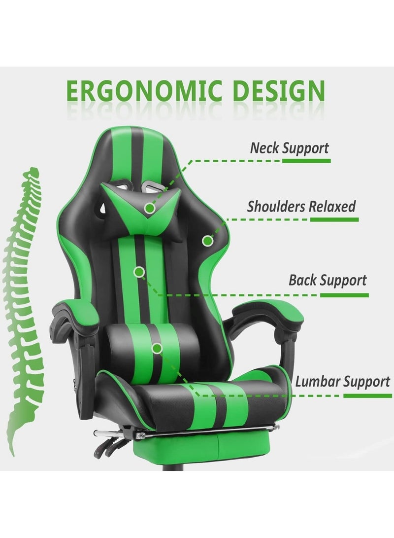 Ergonomic Gaming Chair Heavy Duty Office Throne with Headrest Armrest and Footrest Green