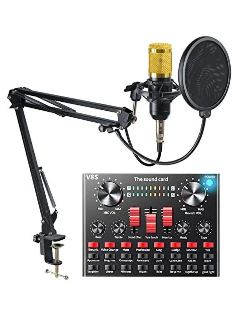 V8S Sound Card Upgraded VM-800 Condenser Microphone Set for Live Streaming Karaoke And Voice Recording Recording Sound Card, Voice Changer Device With Multiple Funny Sound Effect USB Audio Interface