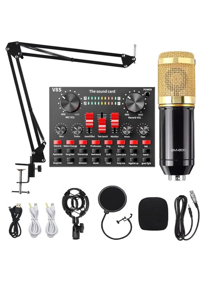 V8S Sound Card Upgraded VM-800 Condenser Microphone Set for Live Streaming Karaoke And Voice Recording Recording Sound Card, Voice Changer Device With Multiple Funny Sound Effect USB Audio Interface