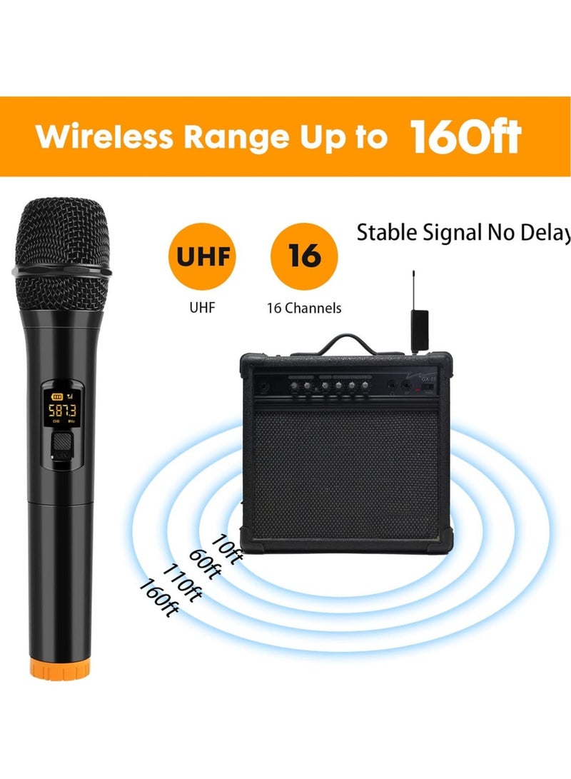 Wireless Microphone, UHF Dual Portable Handheld Dynamic Karaoke Mic with Rechargeable Receiver, Cordless Karaoke System for PA system