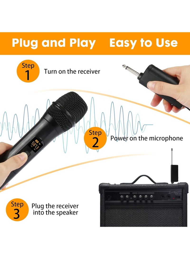 Wireless Microphone, UHF Dual Portable Handheld Dynamic Karaoke Mic with Rechargeable Receiver, Cordless Karaoke System for PA system