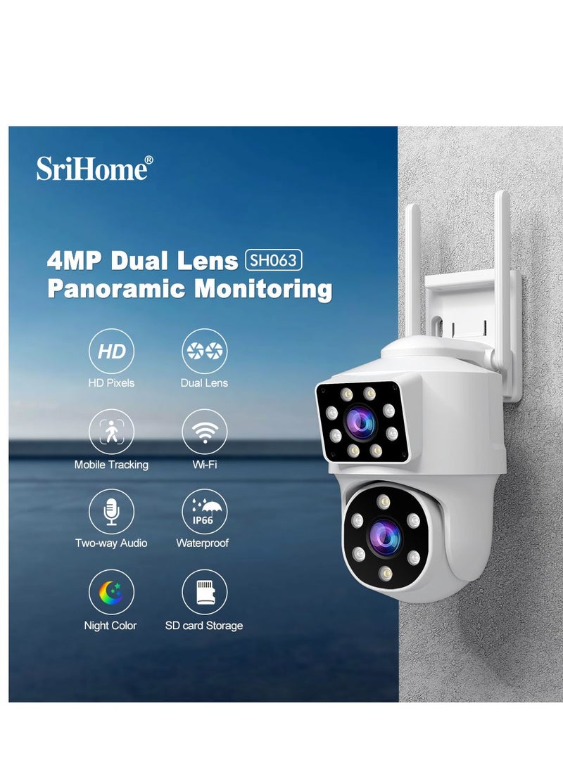 SriHome  3K Security Camera Outdoor, Dual Lens PTZ Wireless Outdoor Cameras for Home Security , IP66 Waterproof, AI Tracking,  Color Night, 2-Way Audio Talking, 24/7 Record,SD/Cloud