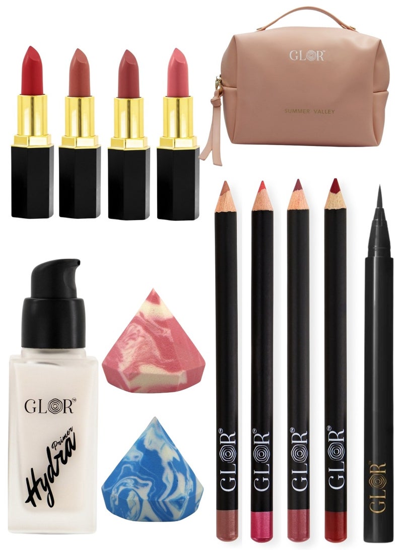 Glor Endless Charm Lipstick 4 Shades – Intense Long-Lasting Color, Luxurious Moisture, Ultra-Creamy Formula for Beautiful Lips  +   Glor Endless Charm Ultimate Precision Lip Liner - 4 Shades –Vegan, Allergen-Free, Long-Lasting Lip Definition +  Glor Face & Eye Hydration Primer  + Glor Precision Eyeliner +  Cosmetics Bag +  Beauty Blender