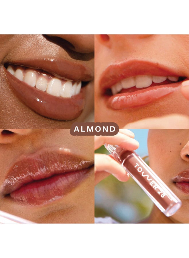 Tower 28 ShineOn Milky Lip Jelly, ALMOND | Non-Sticky, Vegan Lip Gloss in Milky Chocolate | Apricot and Raspberry Seed Oil | Moisturizing, Clean, Cruelty Free