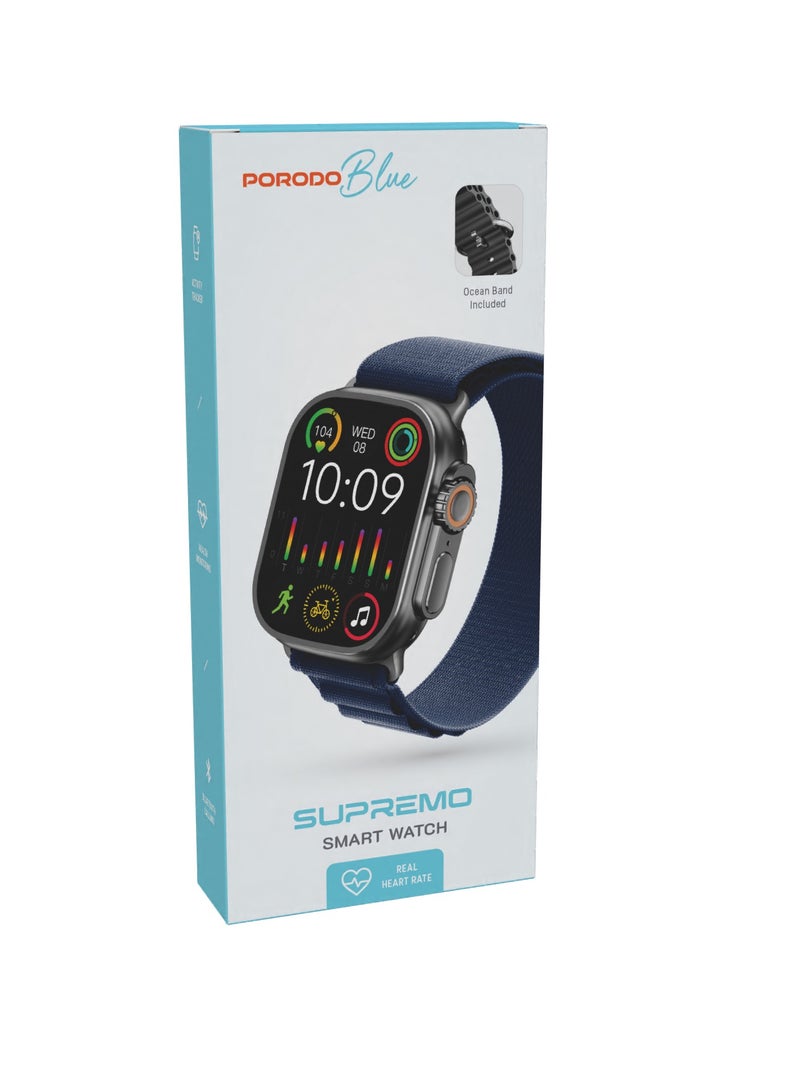 Supremo Smart Watch with Black Dial and Black Silicone Strap and Blue Alpine Strap/ 2.0