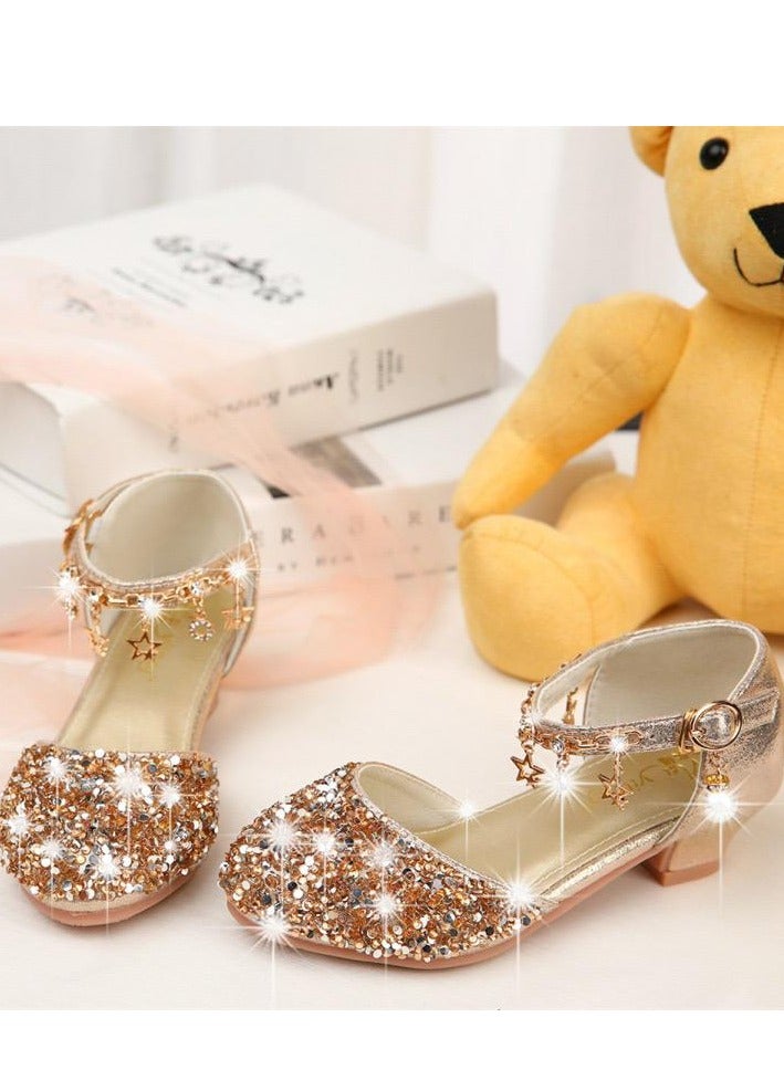 Children High Heel Princess Kids Leather Shoes Summer New Girls Sandals Flower Casual Glitter Crystal Student Party Banquet Shoe