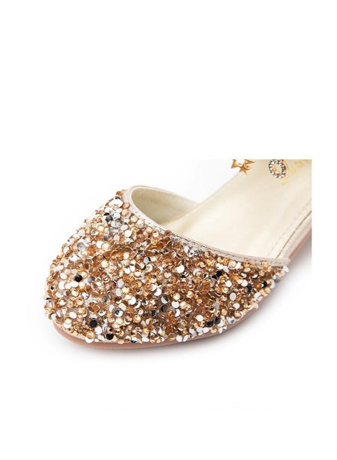 Children High Heel Princess Kids Leather Shoes Summer New Girls Sandals Flower Casual Glitter Crystal Student Party Banquet Shoe