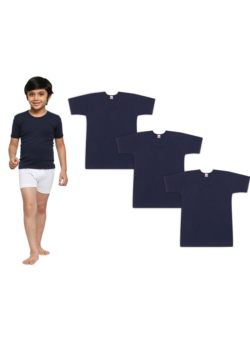 BOY'S COTTON ROUND NECK UNDERSHIRT (PACK OF 3) - NAVY BLUE