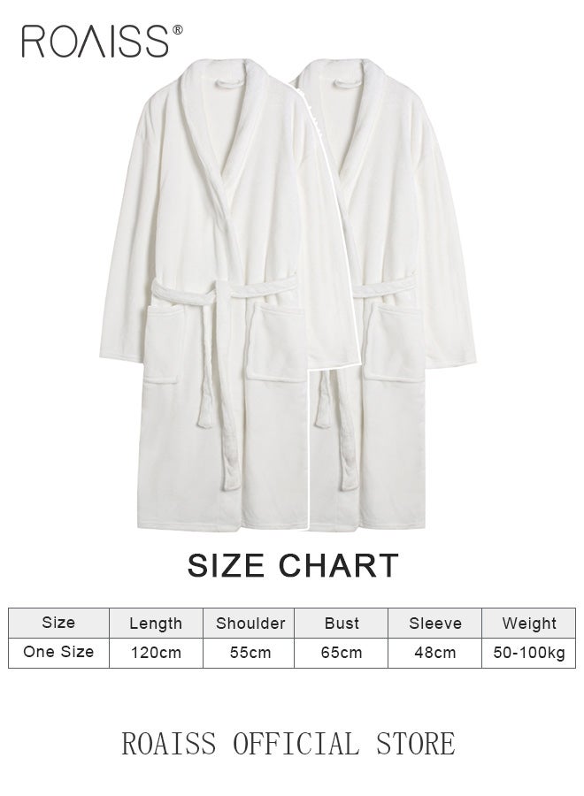 2-Piece Coral Velvet Bathrobe for Men and Women Long Increase Absorbent Pajamas Robe Pure White Soft Plus Size Bathrobes with Pockets for Household Hotel