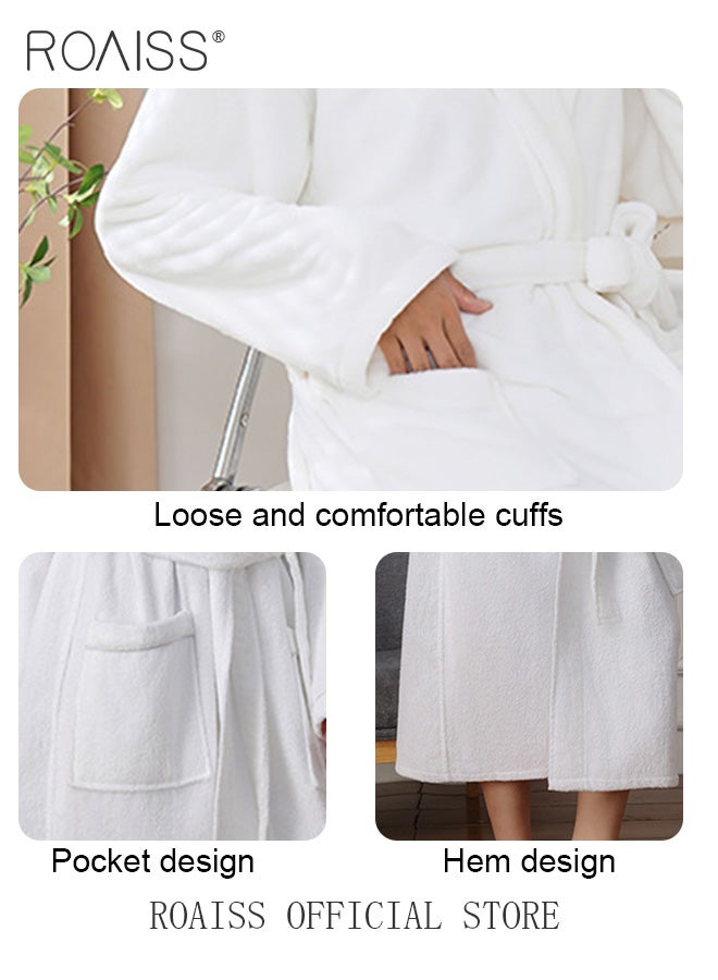 2-Piece Coral Velvet Bathrobe for Men and Women Long Increase Absorbent Pajamas Robe Pure White Soft Plus Size Bathrobes with Pockets for Household Hotel