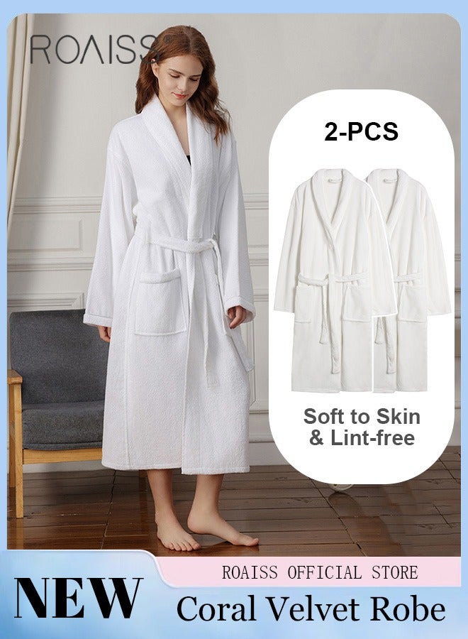 2-Piece Coral Velvet Bathrobe for Men and Women Long Increase Absorbent Pajamas Robe Pure White Soft Plus Size Bathrobes with Pockets for Household Hotel