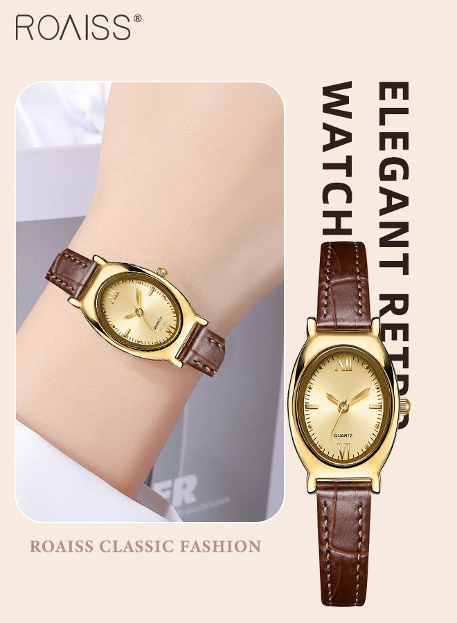 Women's Leather Strap Quartz Watch, Analog Display Oval Sunray Texture Dial, Stylish Retro Waterproof Wristwatch as Gift for Ladies