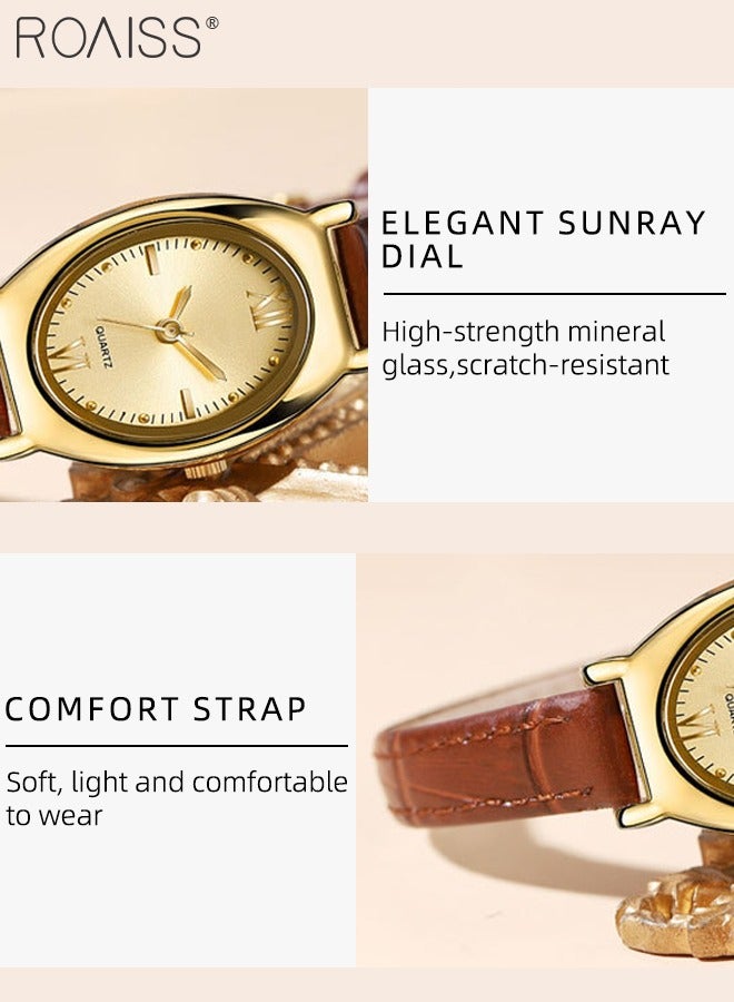 Women's Leather Strap Quartz Watch, Analog Display Oval Sunray Texture Dial, Stylish Retro Waterproof Wristwatch as Gift for Ladies