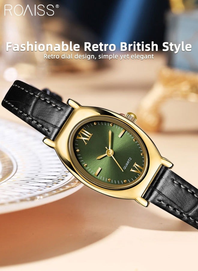 Women's Leather Strap Quartz Watch, Analog Display Oval Green Dial, Stylish Retro Waterproof Wristwatch as Gift for Ladies