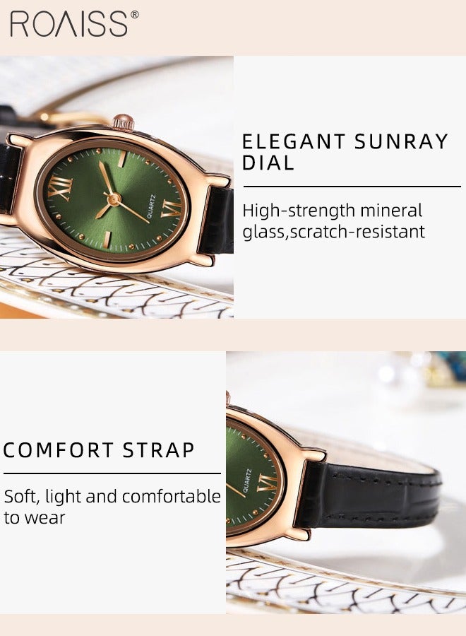 Women's Leather Strap Quartz Watch, Analog Display Oval Green Dial, Stylish Retro Waterproof Wristwatch as Gift for Ladies