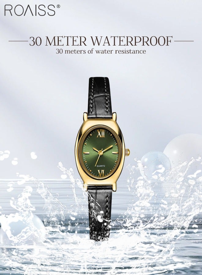 Women's Leather Strap Quartz Watch, Analog Display Oval Green Dial, Stylish Retro Waterproof Wristwatch as Gift for Ladies