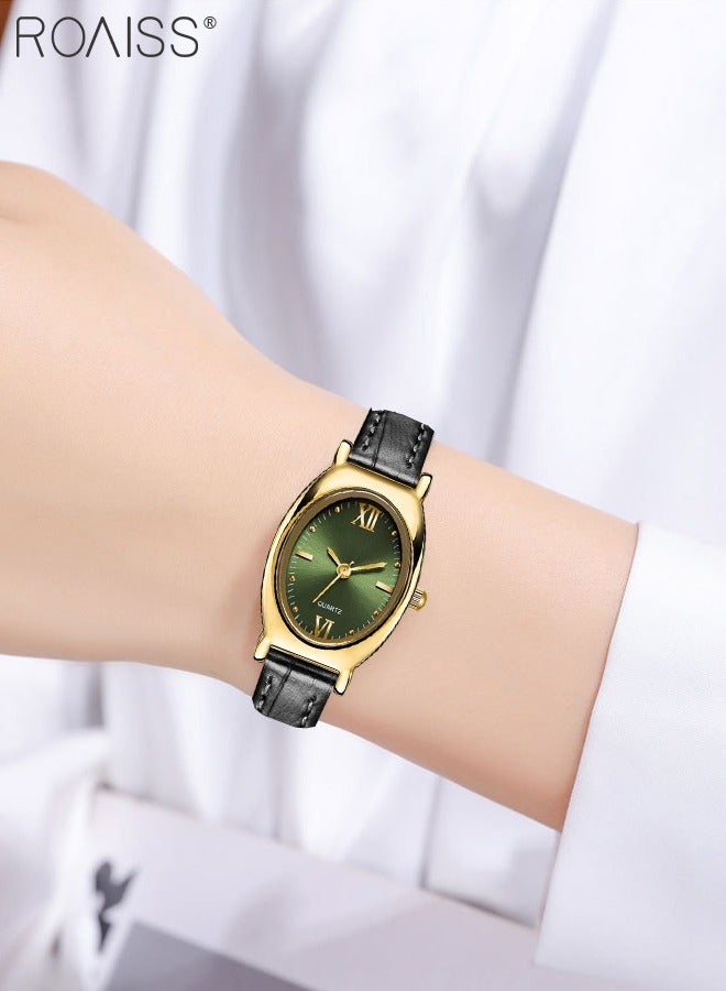 Women's Leather Strap Quartz Watch, Analog Display Oval Green Dial, Stylish Retro Waterproof Wristwatch as Gift for Ladies