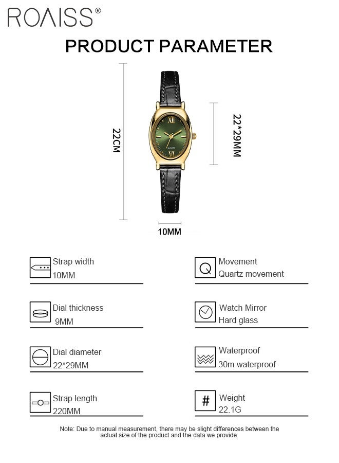 Women's Leather Strap Quartz Watch, Analog Display Oval Green Dial, Stylish Retro Waterproof Wristwatch as Gift for Ladies