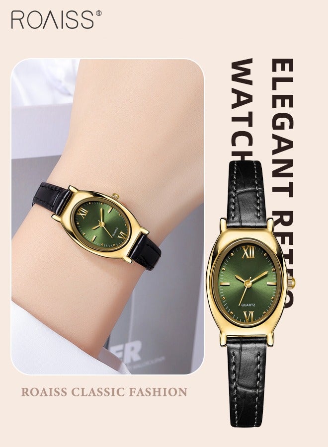 Women's Leather Strap Quartz Watch, Analog Display Oval Green Dial, Stylish Retro Waterproof Wristwatch as Gift for Ladies