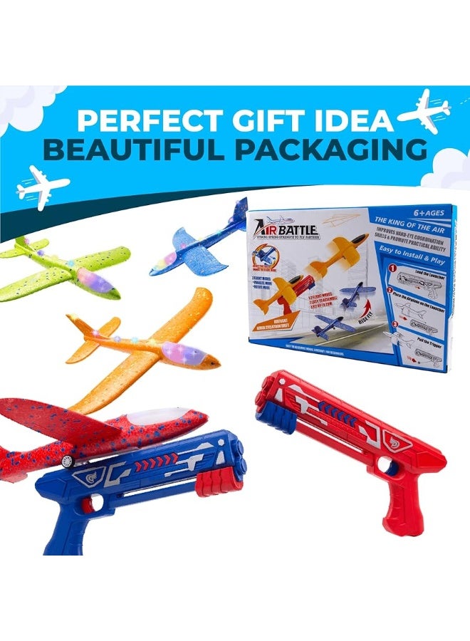 Toysery High-Flyer Toy Airplane Launcher for Kids 8 12. Foam Airplane Launcher Toy, 4 Pack with LED Lights and Powerful Long-Range Launching- Christmas Air Plane Toys for Boys and Girls