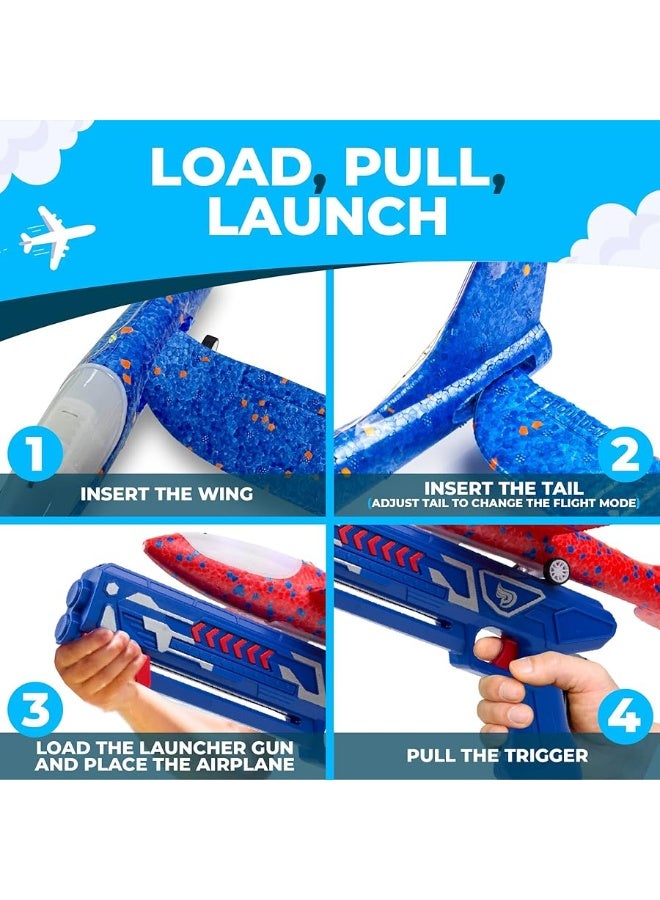 Toysery High-Flyer Toy Airplane Launcher for Kids 8 12. Foam Airplane Launcher Toy, 4 Pack with LED Lights and Powerful Long-Range Launching- Christmas Air Plane Toys for Boys and Girls