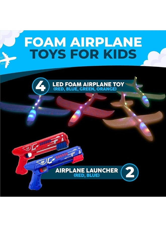 Toysery High-Flyer Toy Airplane Launcher for Kids 8 12. Foam Airplane Launcher Toy, 4 Pack with LED Lights and Powerful Long-Range Launching- Christmas Air Plane Toys for Boys and Girls