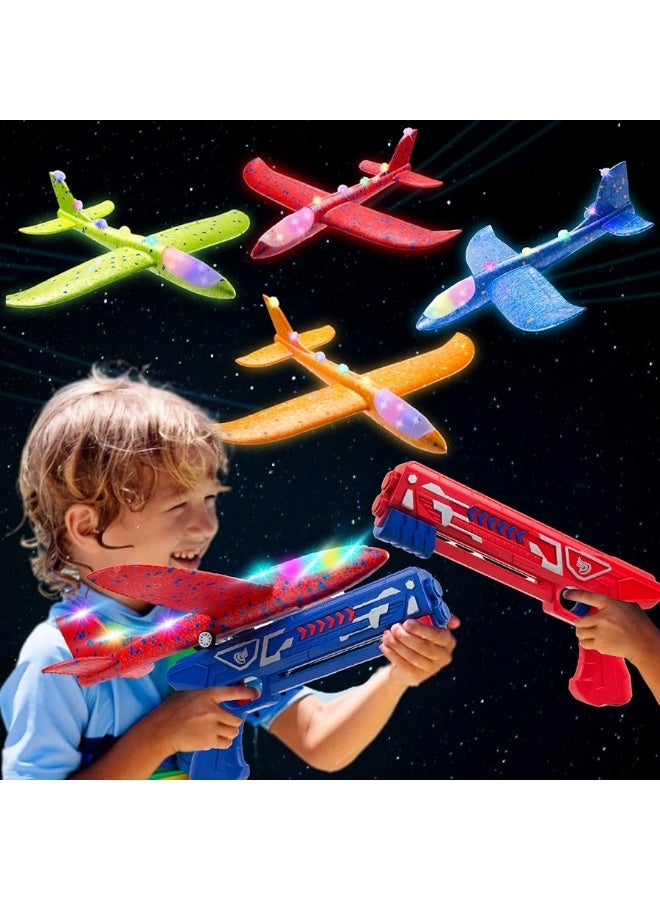 Toysery High-Flyer Toy Airplane Launcher for Kids 8 12. Foam Airplane Launcher Toy, 4 Pack with LED Lights and Powerful Long-Range Launching- Christmas Air Plane Toys for Boys and Girls