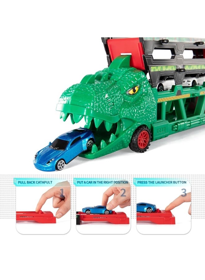 TEMI 2-in-1 T-rex Storage Carrier Truck with 6PCS Diecast 1:64 Scale Race Car, 4 Levels Dinosaur Truck Hauler Convert into 38-inch Ejection Race Track, Dino Semi-Truck City Sets & Track for Kids Boys