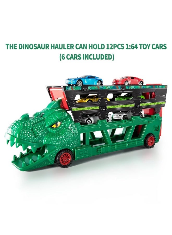 TEMI 2-in-1 T-rex Storage Carrier Truck with 6PCS Diecast 1:64 Scale Race Car, 4 Levels Dinosaur Truck Hauler Convert into 38-inch Ejection Race Track, Dino Semi-Truck City Sets & Track for Kids Boys