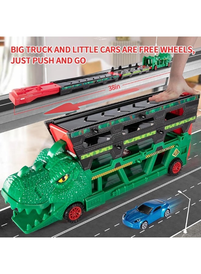 TEMI 2-in-1 T-rex Storage Carrier Truck with 6PCS Diecast 1:64 Scale Race Car, 4 Levels Dinosaur Truck Hauler Convert into 38-inch Ejection Race Track, Dino Semi-Truck City Sets & Track for Kids Boys