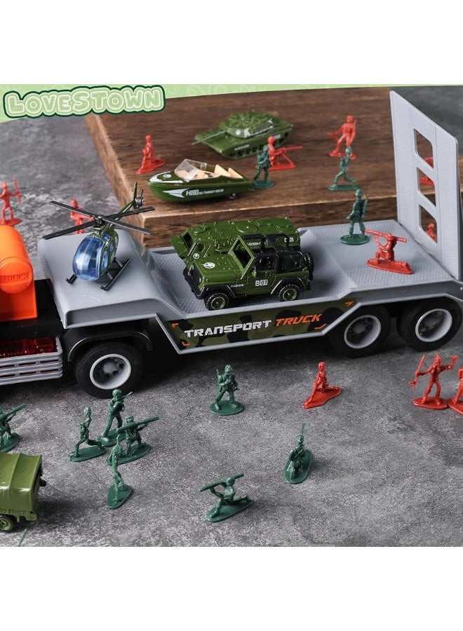 LovesTown 38PCS Military Truck Toy Set, Military Big Truck with Lights and Sounds Carrier Truck with Die-cast Military Toy Cars Tank Helicopter Toy Soldiers for Kids Birthday Present