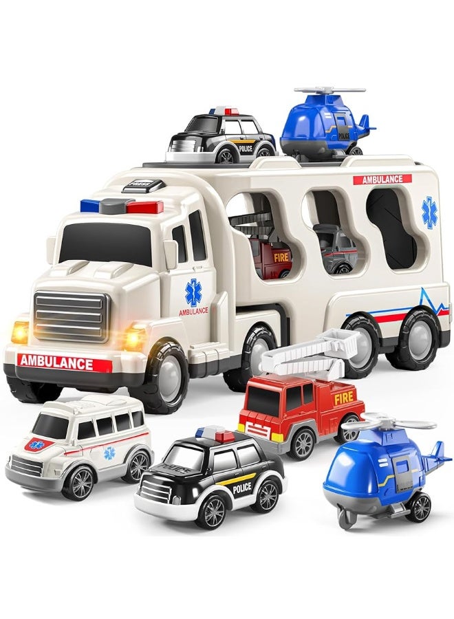 TEMI 5 Pack Emergency Rescue Vehicle Toddler Truck Toys for 3 4 5 6 Year Old Boys, Friction Power Cars with Rescue Helicopter, Police Car, Fire Truck, Ambulance Car, Birthday Gifts for Girls Age 3-9