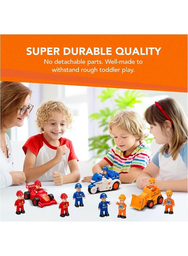 FUNERICA 12-Pcs People Figures and Toy Cars Playset - Fireman, Police, Construction Workers - Pretend Play Vehicle & Figurine Set Accessories for Kids - Emergency Rescue & Construction Toys