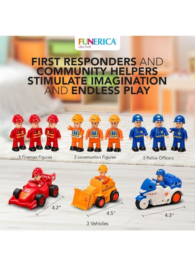 FUNERICA 12-Pcs People Figures and Toy Cars Playset - Fireman, Police, Construction Workers - Pretend Play Vehicle & Figurine Set Accessories for Kids - Emergency Rescue & Construction Toys