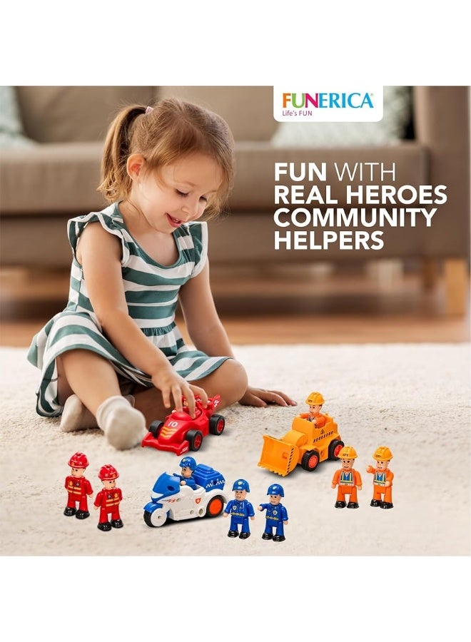 FUNERICA 12-Pcs People Figures and Toy Cars Playset - Fireman, Police, Construction Workers - Pretend Play Vehicle & Figurine Set Accessories for Kids - Emergency Rescue & Construction Toys