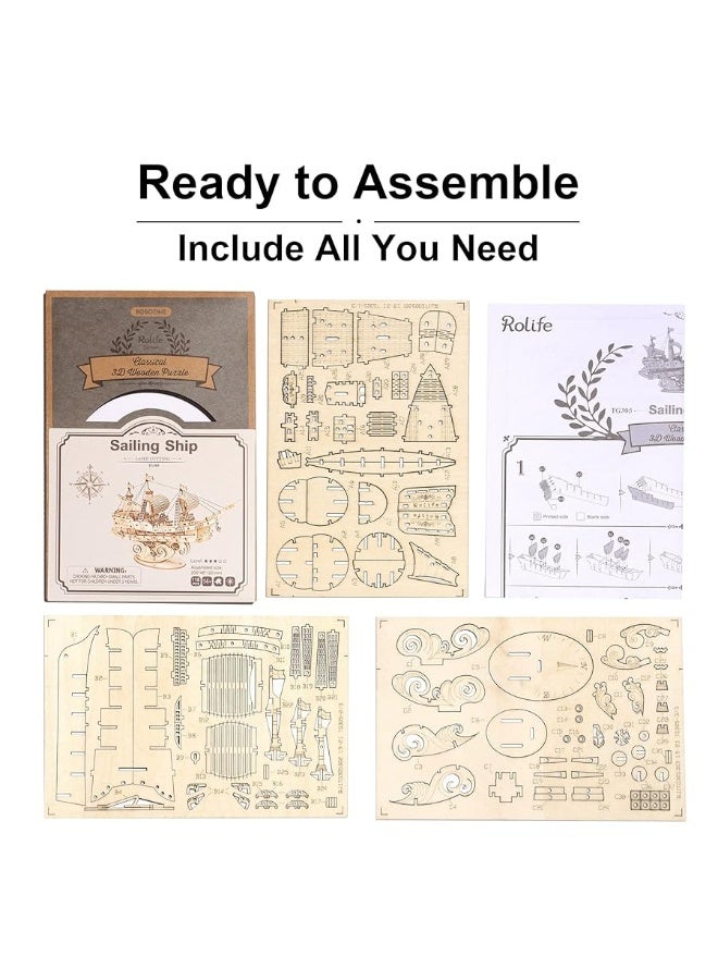 Rolife 3D Wooden Puzzles Model Kit for Adults to Build, Wooden Model Ship Series Sailing Ship Building Model Kit, DIY Crafts Hobbies/Collections/Decorations/Gifts for Friends and Family (Sailing Ship)