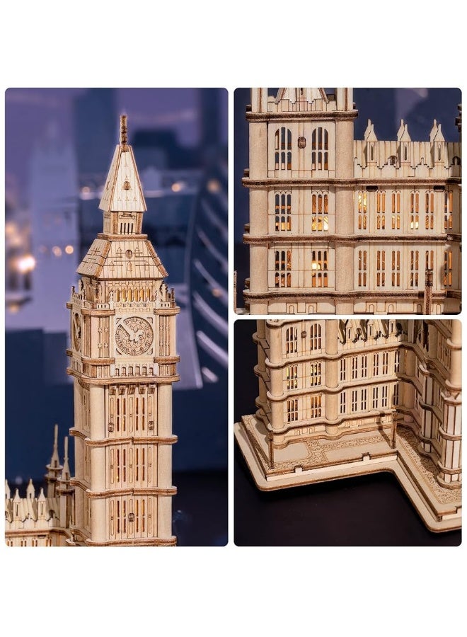 ROBOTIME 3D Puzzle for Adults Wooden Craft Kits for Teens DIY Construction Model Kit with LED Light to Build Educational Big Ben Set Toys Birthday Gifts