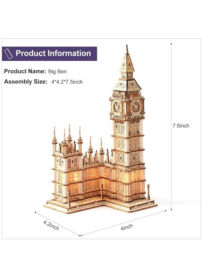 ROBOTIME 3D Puzzle for Adults Wooden Craft Kits for Teens DIY Construction Model Kit with LED Light to Build Educational Big Ben Set Toys Birthday Gifts